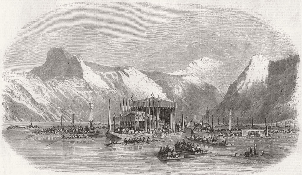 GMUNDEN. Parade of fete dieu traversing Lake  1858 old antique print picture